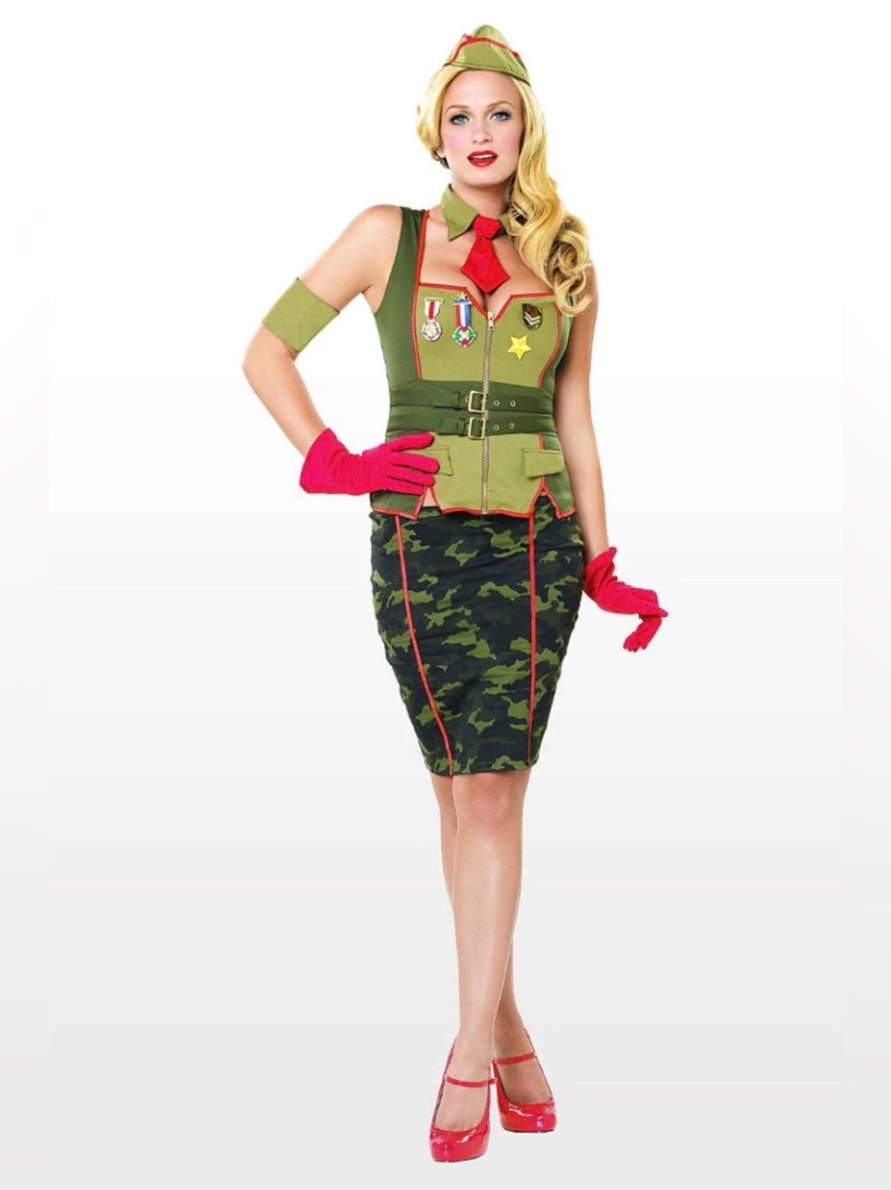 Military-Inspired Pinup Costume in I Olive Green and Camo with Red Accents